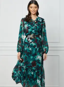 Rochie Misha neagra cu imprimeu turcoaz si curea in talie