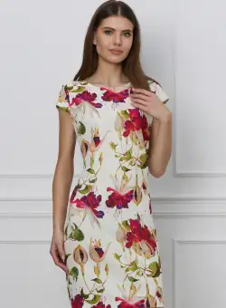 Rochie Mona alba cu imprimeuri florale rosii