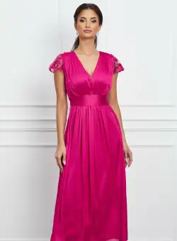 Rochie Moze fuchsia din voal satinat cu paiete la maneci