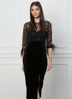Rochie Moze neagra din catifea cu dantela la bust