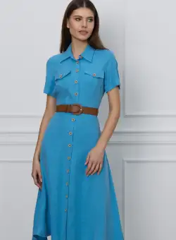 Rochie Natalia bleu cu nasturi si curea in talie