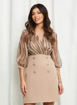 Rochie Oana bej cu imprimeu maro la bust si nasturi pe fusta