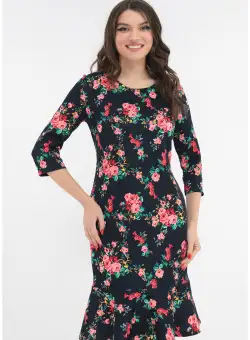 Rochie office bleumarin cu flori rosii