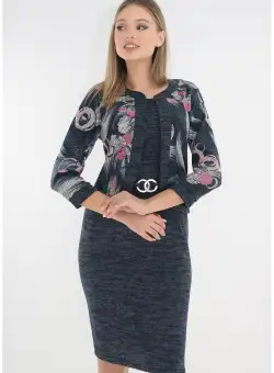 Rochie office din jerse bleumarin cu print abstract si aspect de costum