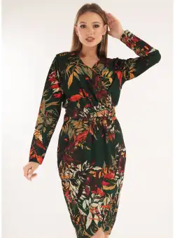 Rochie office verde cu print floral caramiziu