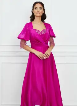 Rochie Ramona fucsia cu strasuri la bust si curea in talie