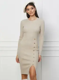 Rochie Roxana bej din tricot cu nasturi