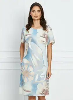 Rochie Simona bleu cu imprimeu bej si buzunare