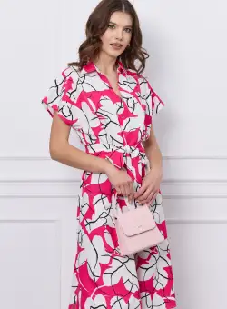 Rochie Sonia alba cu imprimeuri fucsia si curea in talie