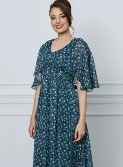 Rochie Sophie bleumarin cu imprimeu floral verde