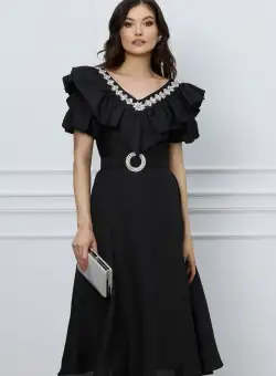 Rochie Suzzie neagra cu strasuri si curea in talie
