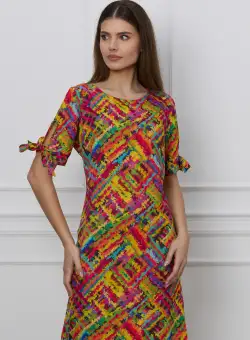 Rochie Teo fucsia cu imprimeuri multicolore