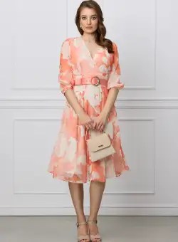 Rochie Vera orange din voal cu imprimeuri ivory si curea in talie