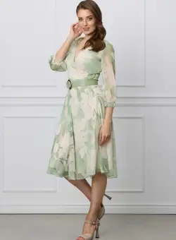 Rochie Vera vernil din voal cu imprimeuri ivory si curea in talie