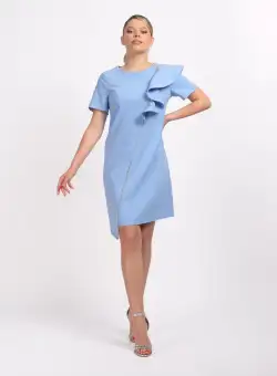 Rocie eleganta bleu cu model deosebit volan pe umar