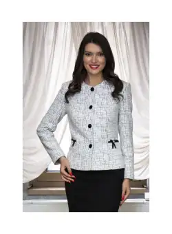 Sacou alb din stofa cu model in carouri fine negre si catifea