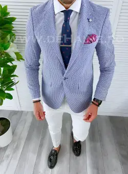 Sacou barbati slim fit cu imprimeu albastru B4235 58-4 E ~