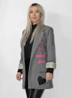 Sacou casual drept gri cu imprimeu colorat