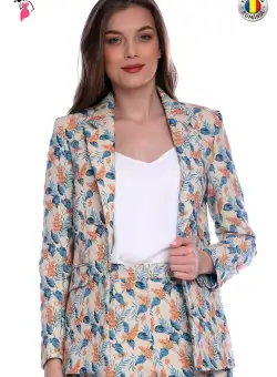 Sacou casual elegant bej cu imprimeu frunze si flori