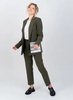 Sacou casual verde kaki cu imprimeu si buzunare laterale