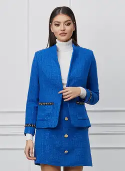 Sacou Dy Fashion albastru din tweed cu aplicatii