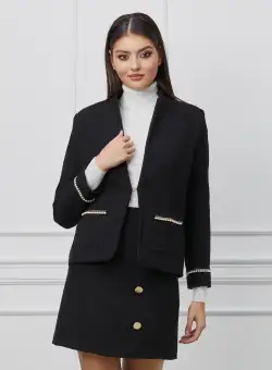 Sacou Dy Fashion negru din tweed cu aplicatii