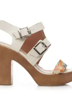 Sandale cu toc damă din piele naturală - 513 B5 Flori Alb Box Presat