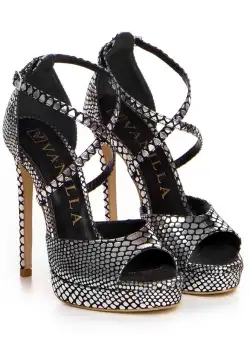 Sandale Manila cu toc subtire, imprimeu sarpe, argintii