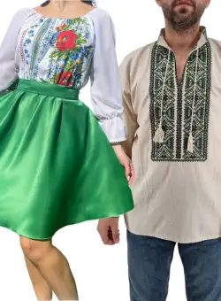 Set Cuplu 437 Camasa Traditionala si Rochie Stilizata cu motive traditionale