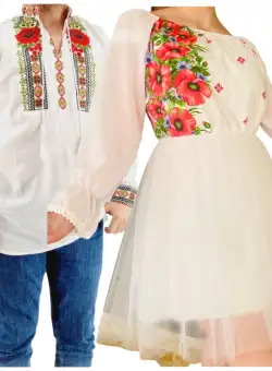Set Cuplu 565 Camasa Traditionala si Rochie Stilizata cu motive traditionale