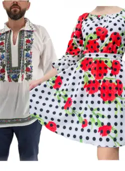 Set Cuplu 579 Camasa Traditionala si Rochie Stilizata cu motive traditionale