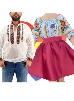 Set Cuplu Traditional 159 Camasa Traditionala si Rochie cu motive traditionale