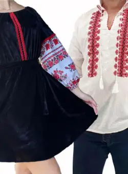 Set Cuplu Traditional 164 Camasa Traditionala si Rochie cu motive traditionale