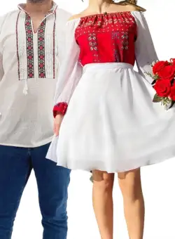 Set Cuplu Traditional 172 Camasa Traditionala si Rochie cu motive traditionale