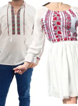 Set Cuplu Traditional 178 Camasa Traditionala si Rochie cu motive traditionale