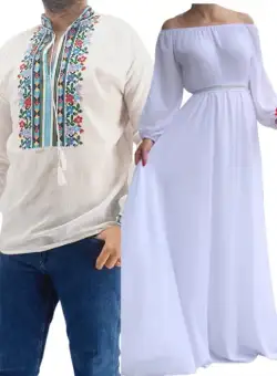 Set Cuplu Traditional 181 Camasa Traditionala si Rochie cu motive traditionale