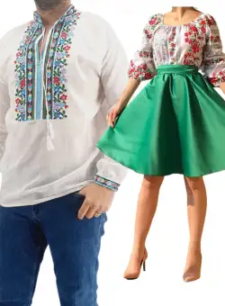 Set Cuplu Traditional 185 Camasa Traditionala si Rochie cu motive traditionale