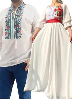 Set Cuplu Traditional 190 Camasa Traditionala si Rochie cu motive traditionale