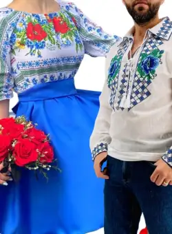 Set Cuplu Traditional 265 Camasa Traditionala si Rochie cu motive traditionale