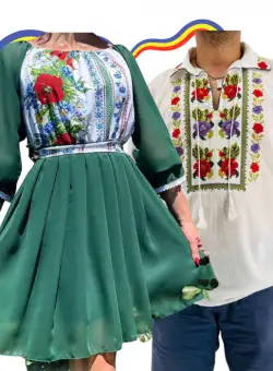 Set Cuplu Traditional 296 Camasa Traditionala si Rochie cu motive traditionale