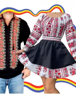 Set Cuplu Traditional 301 Camasa Traditionala si Rochie cu motive traditionale