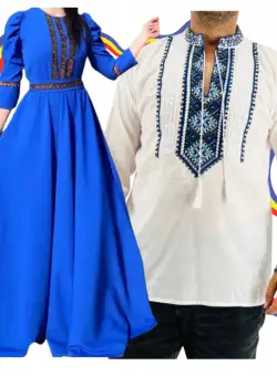Set Cuplu Traditional 344 Camasa Traditionala si Rochie cu motive traditionale