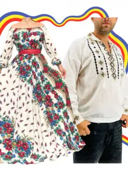 Set Cuplu Traditional 348 Camasa Traditionala si Rochie cu motive traditionale