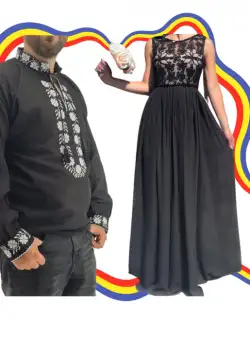 Set Cuplu Traditional 357 Camasa Traditionala si Rochie cu motive traditionale