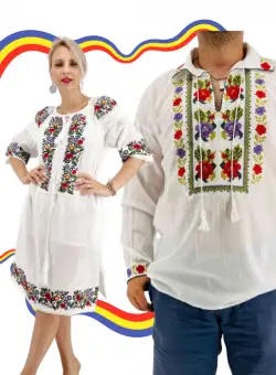 Set Cuplu Traditional 383 Camasa Traditionala si Rochie Traditionala