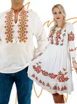 Set Cuplu Traditional 411 Camasa Traditionala si Rochie Traditionala