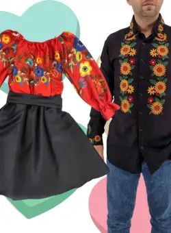 Set Cuplu Traditional 421 Camasa Traditionala si Rochie cu motive traditionale