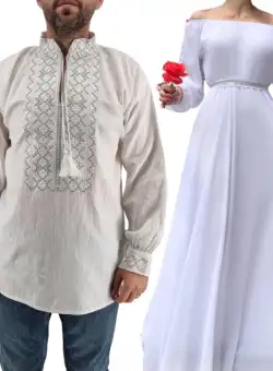 Set Cuplu Traditional 431 Camasa Traditionala si Rochie Lunga Alba