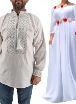 Set Cuplu Traditional 432 Camasa Traditionala si Rochie Lunga Alba