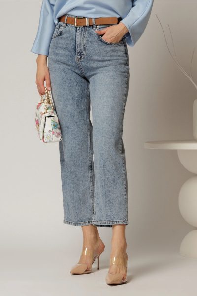 Blugi dama albastri croi mom fit cu talie inalta